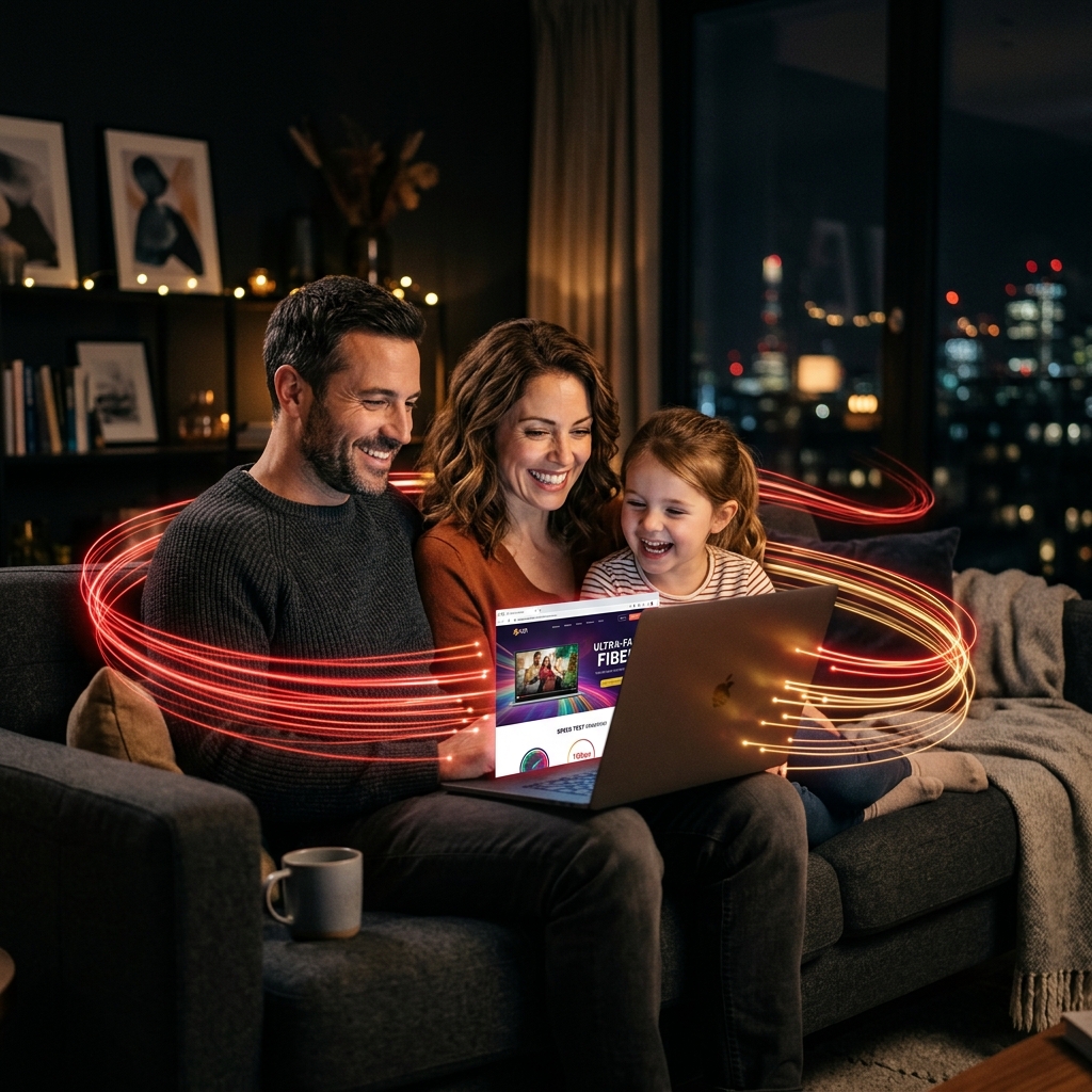Família feliz usando internet fibra óptica REDNET em casa com alta velocidade